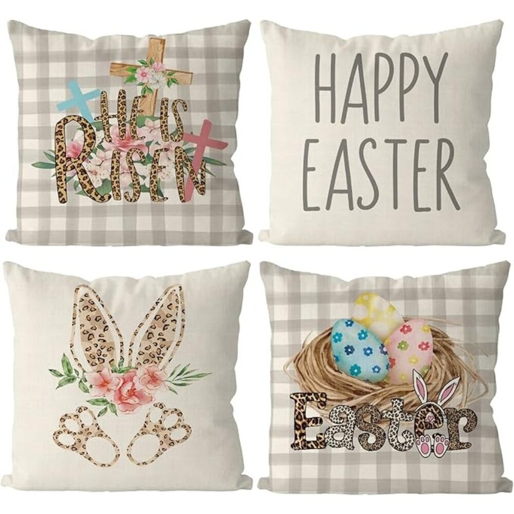 Easter Pillow Covers 18"x18" Set Of 4 With Funny Bunny & Egg Designs